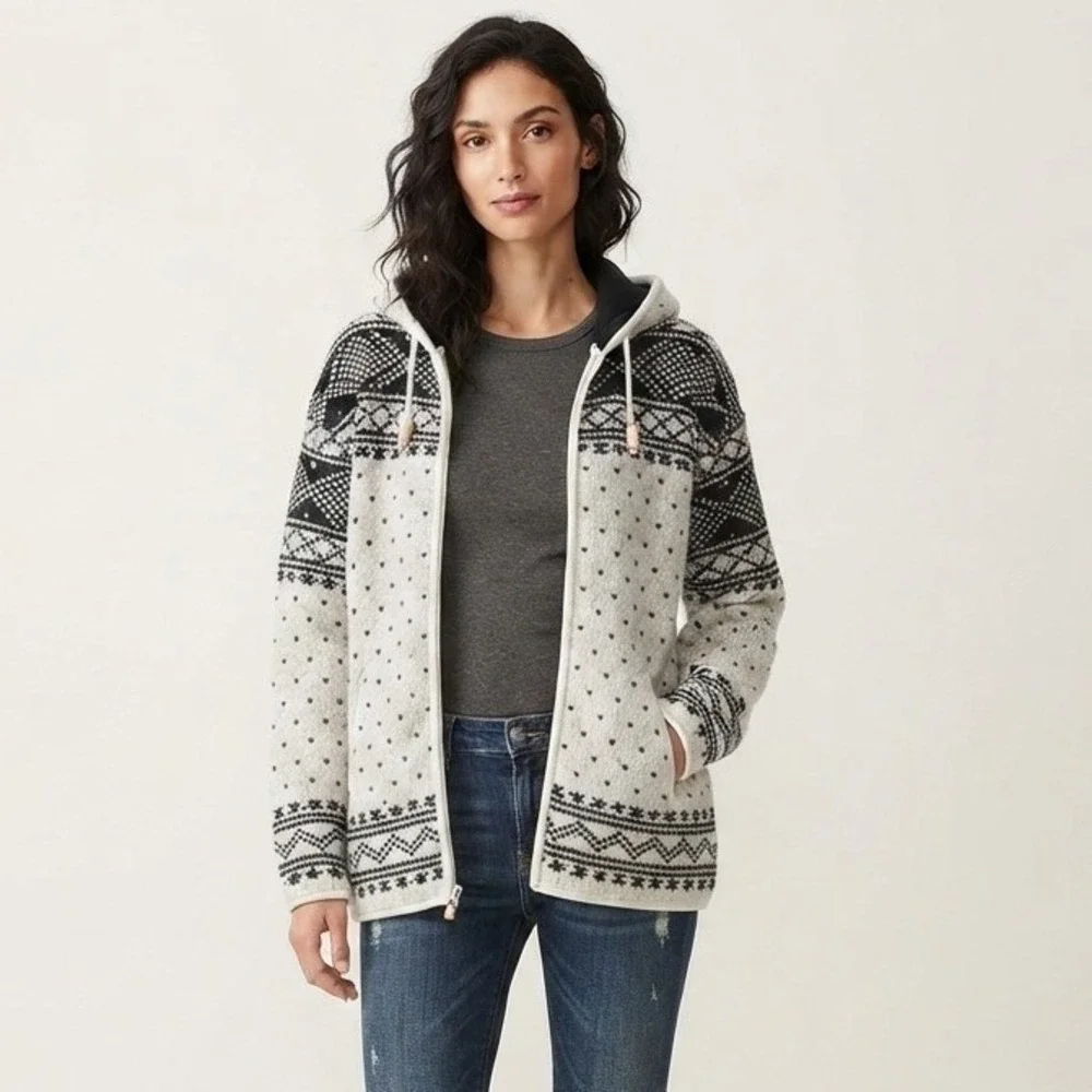 Lost Horizons Wool Fleece Lined Fair Isle Full Zip Hooded Sweater Womens XL Gray